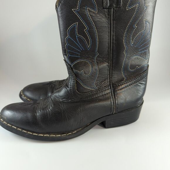 MASTERSON BOOT Co. BOY'S Sz 2, BLACK LEATHER COWBOY WESTERN BOOTS, BLUE STITCH - Picture 6 of 13